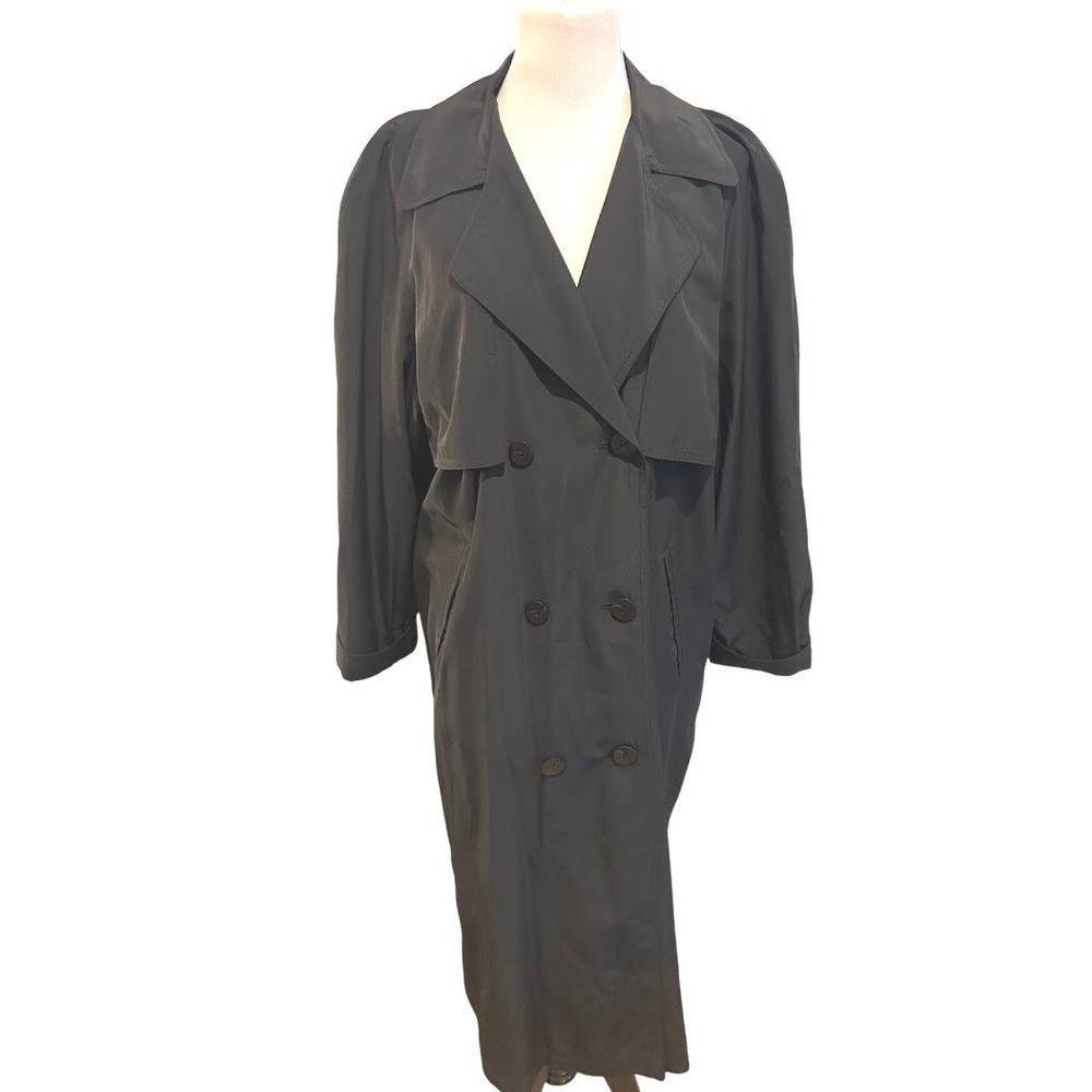 Vintage‎ Black Double Breasted Trench Coat Tiered Belted Size 12P Oversize